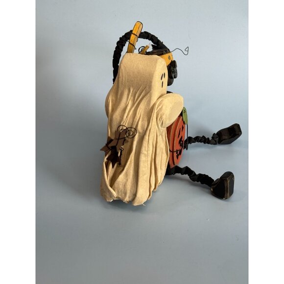 Vintage Folk Art Hand-Carved Ghost Cat Pumpkin Halloween Figurine Fabriche Wire - Picture 3 of 7